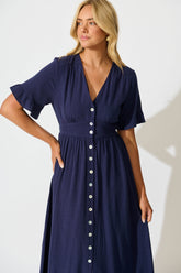 Navy Linen Blend Midi Dress - Daysia